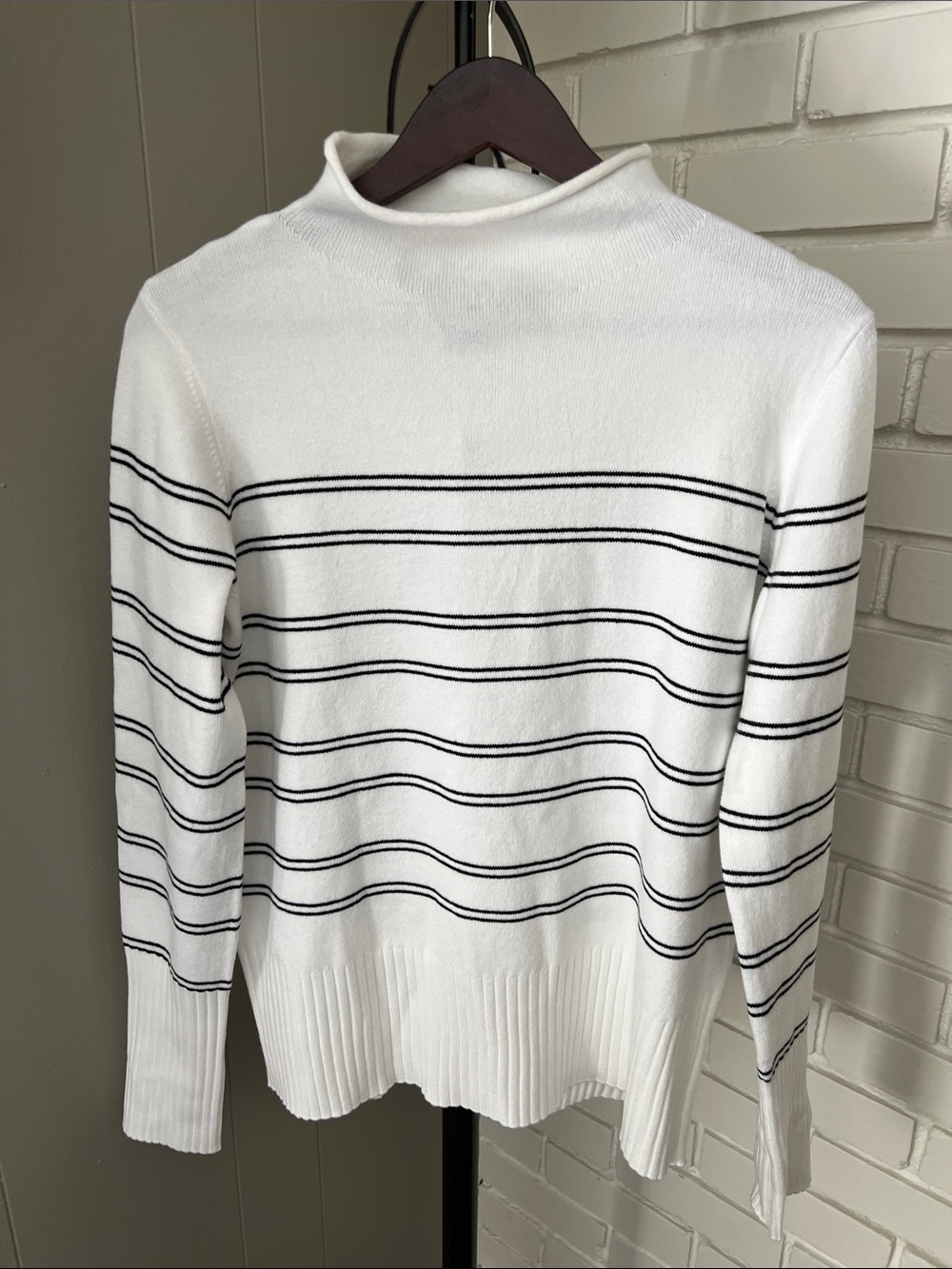 French Connection White Turtleneck Sweater with Black Stripes